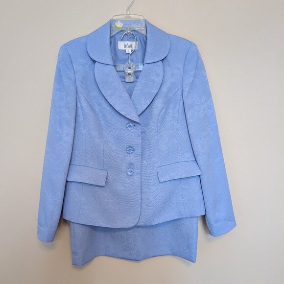 VINTAGE Le Suit periwinkle brocade skirt blazer suit set 1990s EUC 10 - Picture 1 of 13